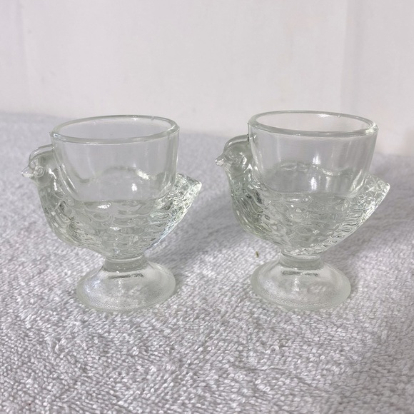 Vintage Clear Glass Chicken Shaped Egg Cups Shot Glasses x2 - Picture 1 of 8